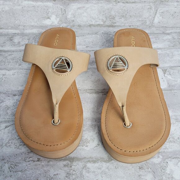 Aldo Women's Brown Leather Thong Wedge Flip Flop Sandals SZ 9 - Picture 5 of 11